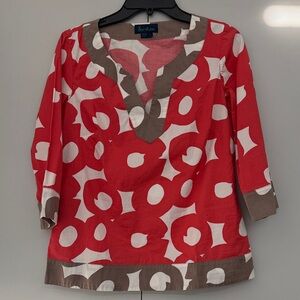 Boden Red and White Patterned Cotton Tunic with Taupe Trim